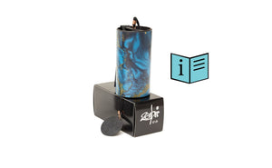 Zaphir Blue Moon wind chime in deep blue and golden marbled design representing the Winter season displayed alongside a downloadable PDF info leaflet, providing tuning notes and guidance for the Zaphir Blue Moon chime