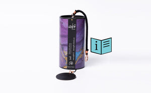 Zaphir Sufi wind chime in deep purple representing the Intermediary Late Summer season displayed alongside a downloadable PDF info leaflet, providing tuning notes and guidance for the Zaphir Sufi chime