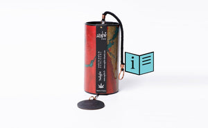 Zaphir Twilight wind chime in deep red-golden marbled design representing the Autumn season displayed alongside a downloadable PDF info leaflet, providing tuning notes and guidance for the Zaphir Twilight chime