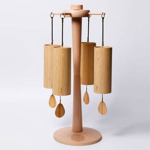 Koshi Chime Set of 4 with Zenmotion Spin Rotating Chime Stand Terra/Aqua/Aria/Ignis, solid beech wood chime stand height approx 19 in / 50cm , handmade chime stand by an artisan woodturner, made in germany